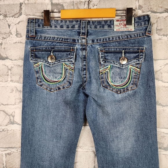 True Religion Joey Rainbow Stitch Low Rise Distressed Bootcut Jeans Blue Size 29 - Picture 12 of 15